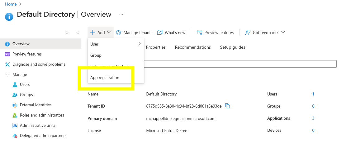 Screenshot of the Overview in the Azure console. The &ldquo;Add&rdquo; dropdown menu has been opened and the &ldquo;App Registration&rdquo; option is highlighted in a yellow box.