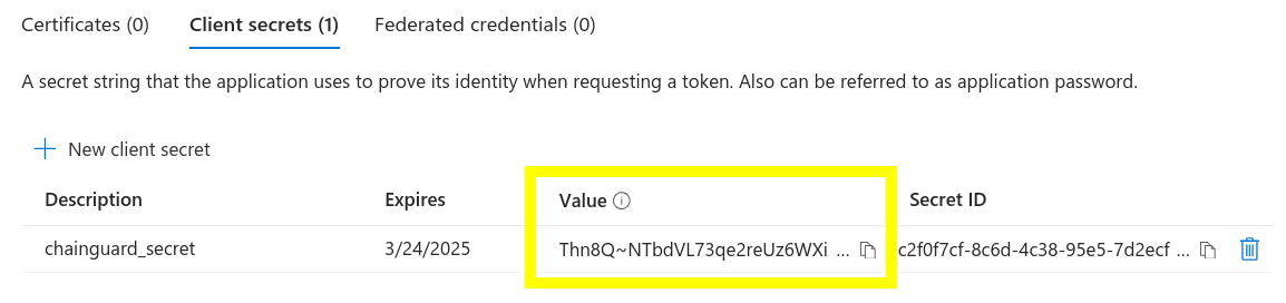 Screenshot showing the &ldquo;Client secrets&rdquo; tab, with the Value highlighted in yellow.