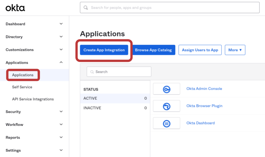 Screenshot of the Okta Admin console, showing the Applications landing page. &ldquo;Applications&rdquo; is circled in the left hand sidebar menu, as is the &ldquo;Create App Integration&rdquo; button.