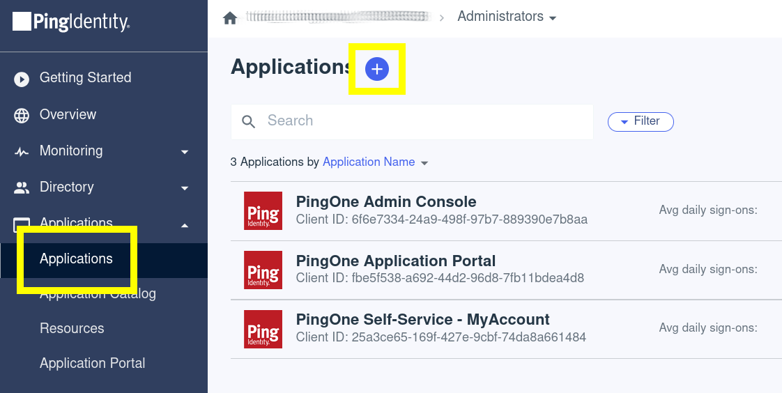 Screenshot of the Ping Identity Dashboard, showing the applications landing page. The Applications tab in the left hand sidebar and the &ldquo;add application&rdquo; plus sign icon are highlighted in yellow.