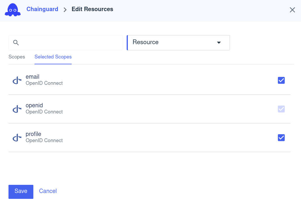 Screenshot of the Edit Resources modal window, showing the email and profile scopes selected.